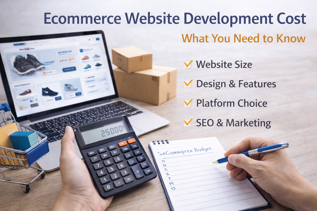 Ecommerce Website Development Cost showing laptop with online store layout, pricing breakdown, development features, and cost estimation details