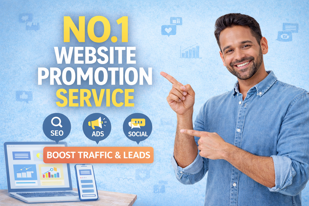 No.1 Website Promotion Services showing laptop with SEO, social media marketing, PPC ads, and content marketing strategies for driving traffic