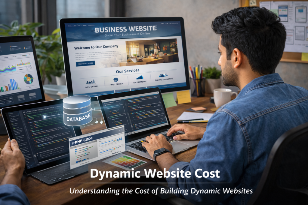 affordable digital marketing agency in Janakpuri | Brandraj dynamic website cost concept showing developer designing database driven responsive website