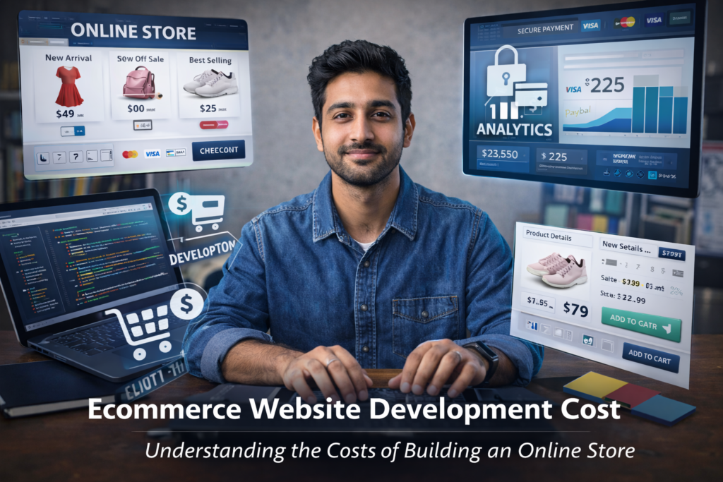 ecommerce website development cost concept showing developer building online store