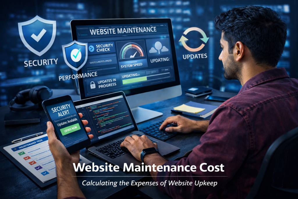website maintenance cost concept showing developer updating website security and performance