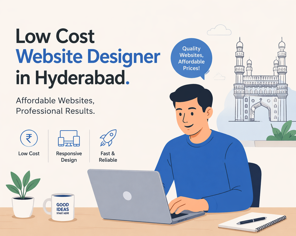 Low Cost Website Designer in Hyderabad working on laptop in a modern workspace with affordable web design concept illustration.