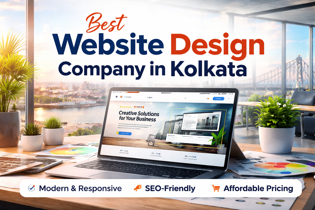 Best Website Design Company in Kolkata showing modern responsive website design on laptop with creative UI, SEO-friendly layout, and professional workspace