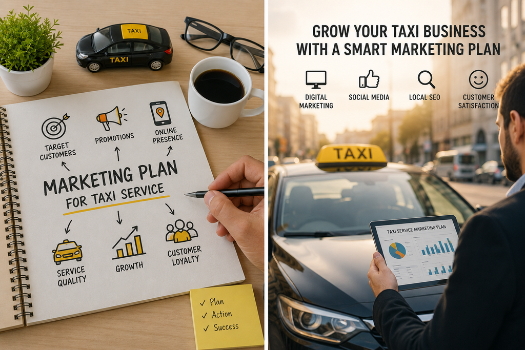 Marketing plan for taxi service showing business strategy, digital marketing ideas, and taxi growth planning.