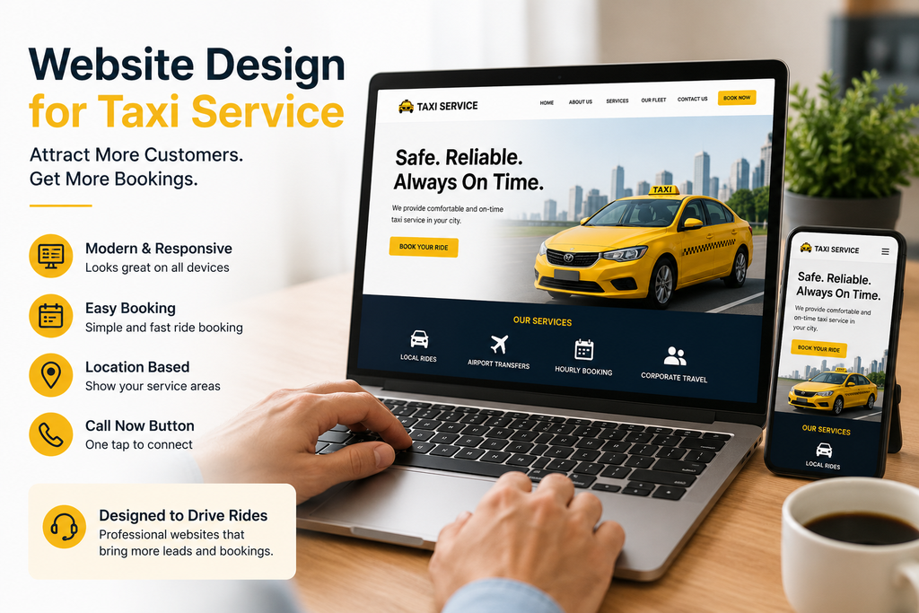 Simple and modern website design for taxi service showing online booking interface on laptop and mobile