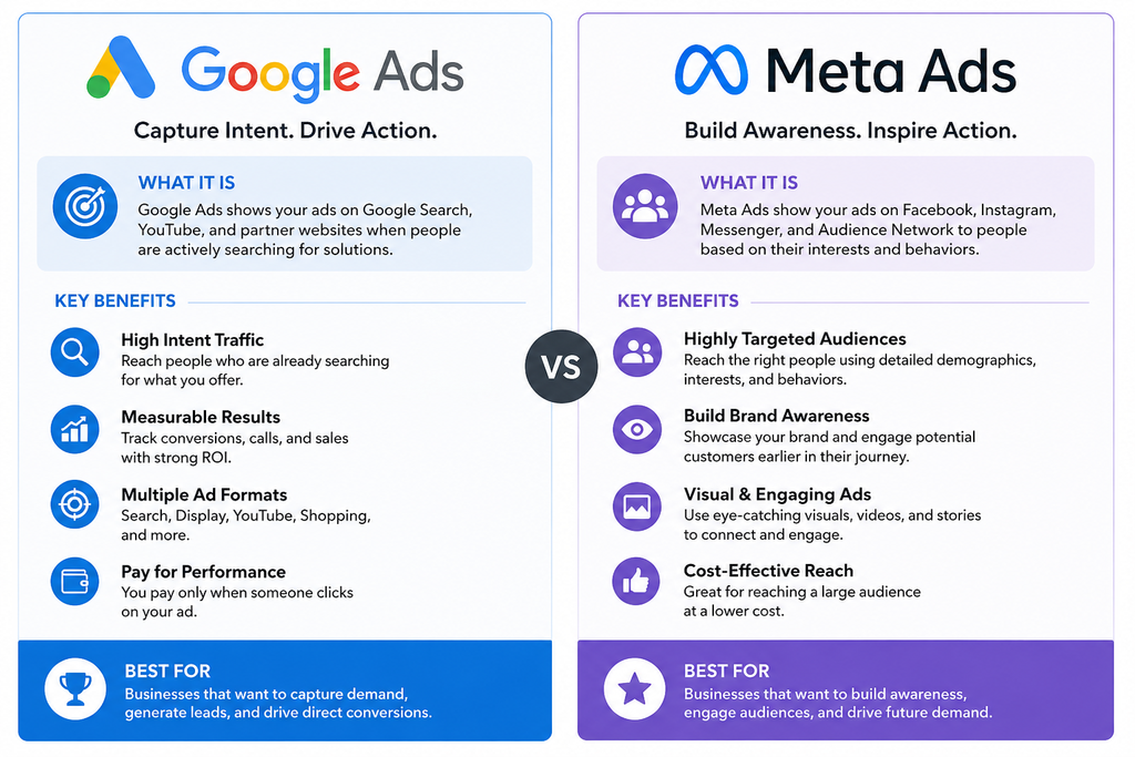 Side-by-side infographic comparing Google Ads and Meta Ads, Google Ads vs Meta Ads highlighting differences in audience targeting, ad formats, cost models, goals, lead generation, brand awareness, engagement, and business use cases.