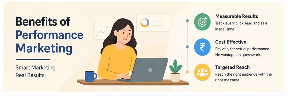 Benefits of performance marketing infographic showing measurable results, cost-effective advertising, targeted reach, higher ROI, low risk, real-time optimization, and scalable business growth.