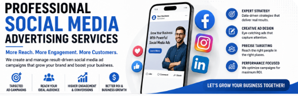 Professional social media advertising services banner featuring targeted ad campaigns, audience engagement, Facebook and Instagram marketing, and business growth strategies.