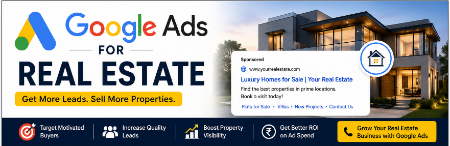 Google Ads for real estate marketing showing luxury homes, targeted property advertising, lead generation, buyer targeting, and increased real estate sales through Google Search Ads.