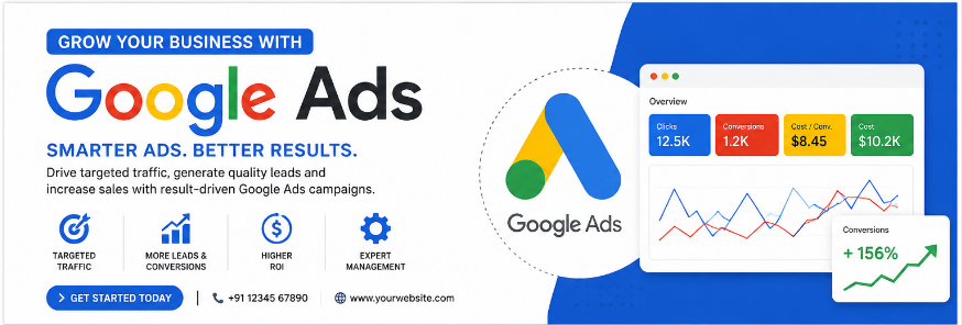 Professional Google Ads marketing services banner showcasing campaign management, keyword research, conversion optimization, performance tracking, and ROI-focused advertising solutions.