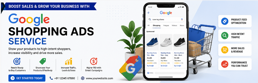 Professional Google Shopping Ads Service banner featuring product listings, shopping campaign optimization, product feed management, conversion tracking, and eCommerce sales growth solutions.