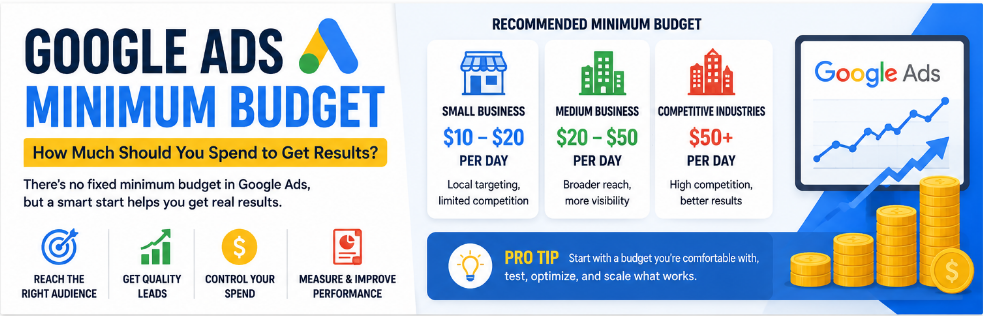 Google Ads minimum budget infographic showing recommended daily ad spend for small businesses, medium businesses, and competitive industries to achieve better advertising results.