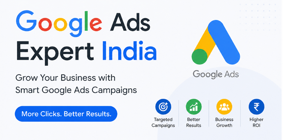 Professional Google Ads expert in India working on a laptop, helping businesses generate more leads, improve ROI, and grow through targeted Google Ads campaigns. Clean and modern digital marketing banner with Google Ads branding.