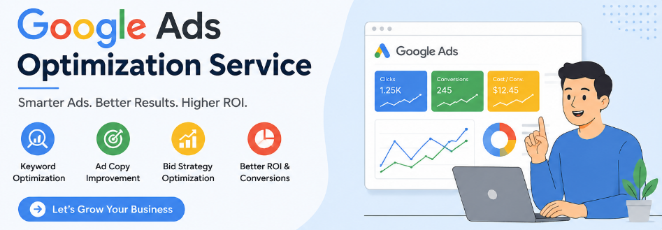 Professional Google Ads optimization service banner showing campaign analytics, keyword optimization, bid strategy improvements, and higher ROI with a marketing specialist reviewing performance data.