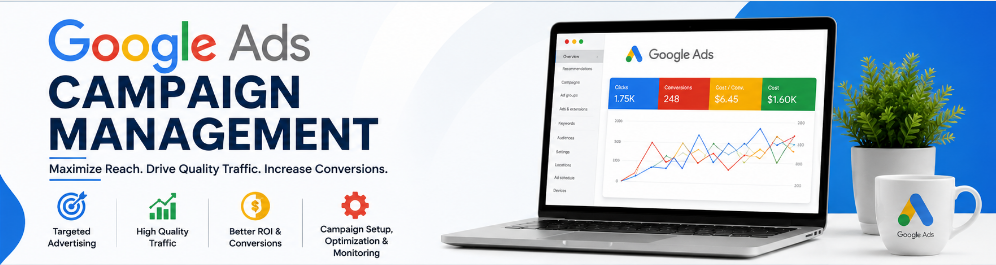 Professional dashboard displaying Google Ads campaign performance, analytics, optimization tools, and PPC management on a laptop.